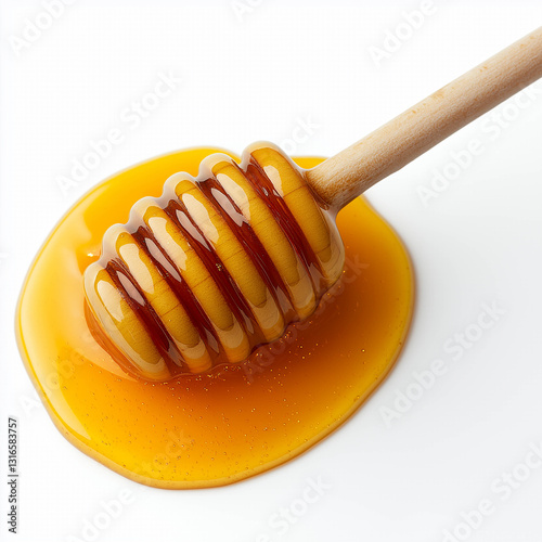 Sweet honey dripping from wooden dipper on white background