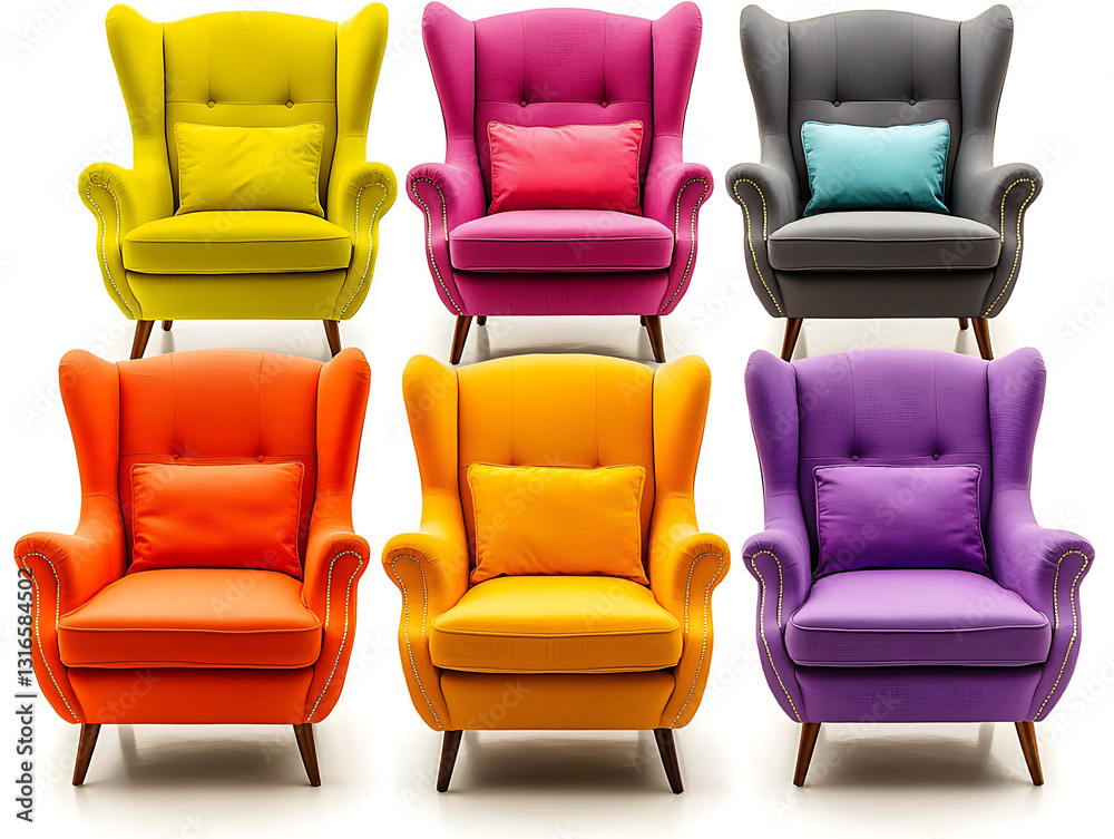 Fototapeta premium A vibrant collection of six wingback armchairs each upholstered in a different bold and cheerful color arranged on a white background.