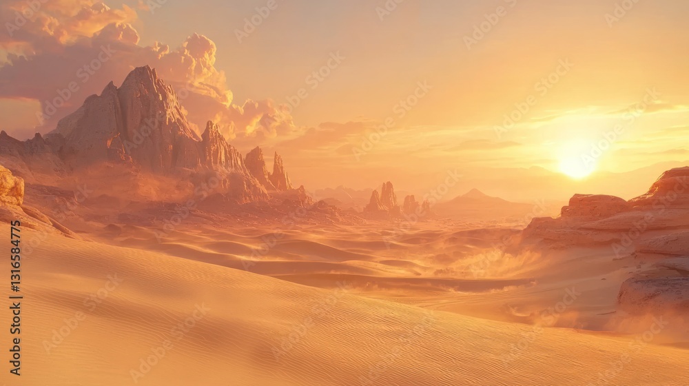 Naklejka premium Sunset over a vast, sandy desert with majestic mountains.