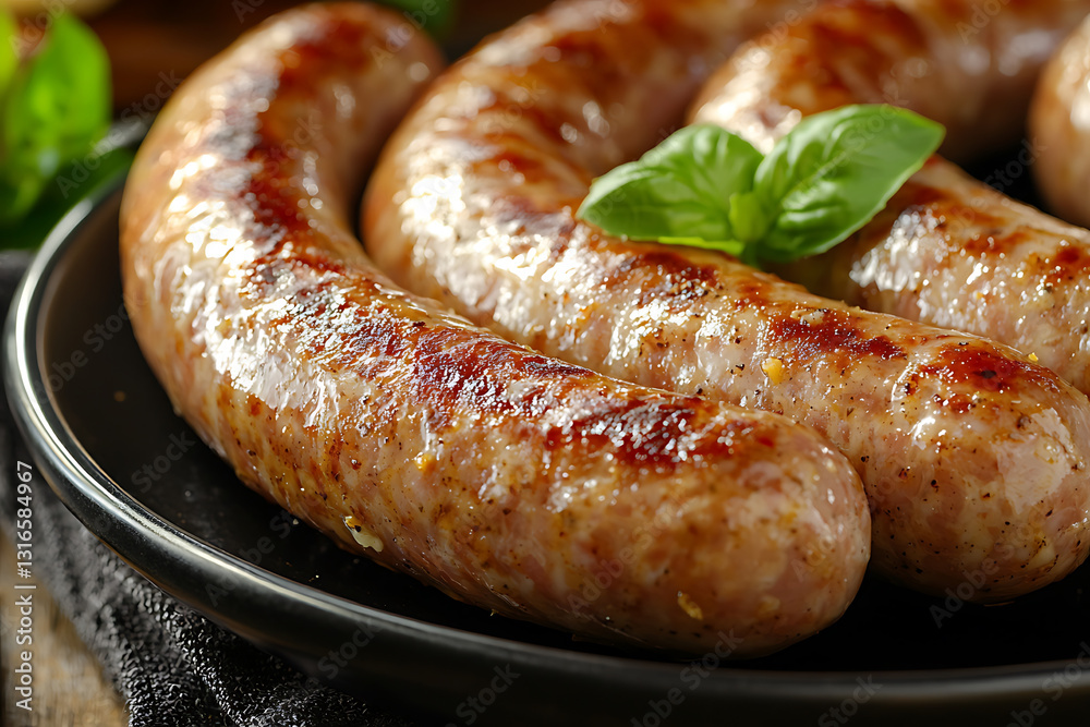 Grilled sausages sit on a dark plate garnished with fresh basil leaves showcasing their golden-brown color and appetizing texture.