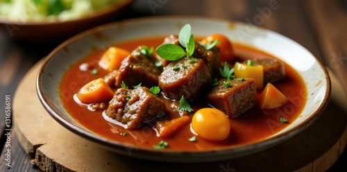 Hearty beef stew with crispy farofa on a plate, comfortfood, homecooking, meatlovers photo