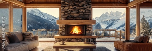 Mountain lodge with cozy living room featuring stone fireplace, sofa, and couches overlooking snowy mountain range, perfect for a ski vacation.