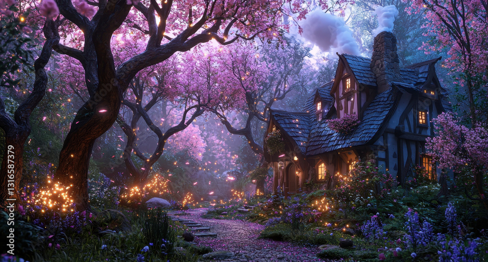 Fototapeta premium Blossoming cherry trees create a vibrant atmosphere around a quaint cottage nestled in a mystical forest. Soft lights twinkle among blooming flowers at dusk.