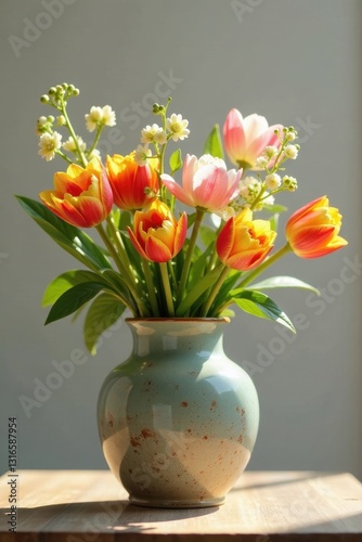 Wallpaper Mural Sunlit spring bouquet in weathered ceramic vase , image, sunlit Torontodigital.ca