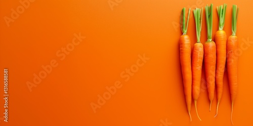 Banner with carrots on a orange background photo top view. Carrot vegetable background with space for text on the side.