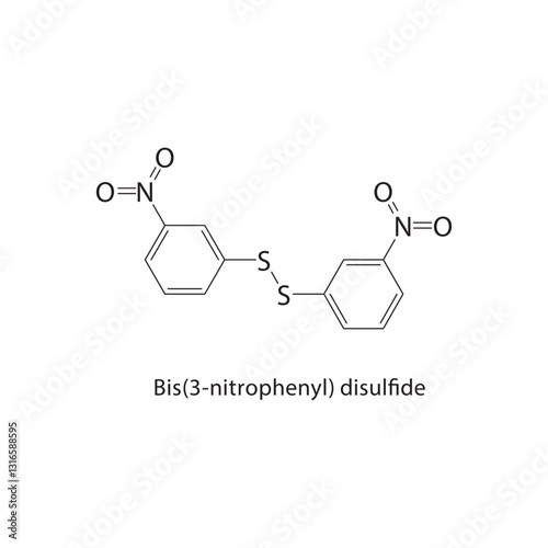 Bis(3-nitrophenyl) disulfide skeletal structure. Disulfide compound schematic illustration. Simple diagram, chemical formula.