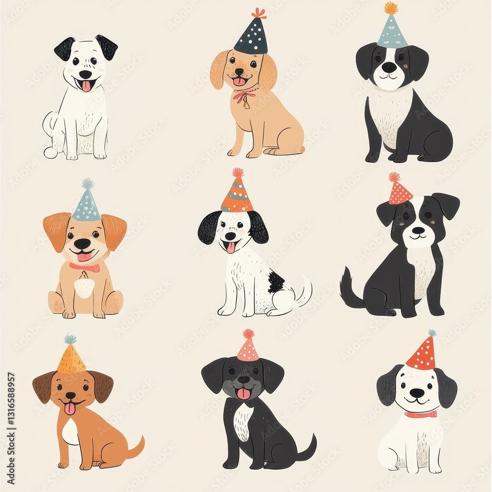 Obraz premium Nine happy canine illustrations wearing birthday hats and celebrating together
