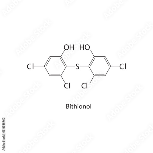 Bithionol skeletal structure. Antimicrobial compound schematic illustration. Simple diagram, chemical formula.