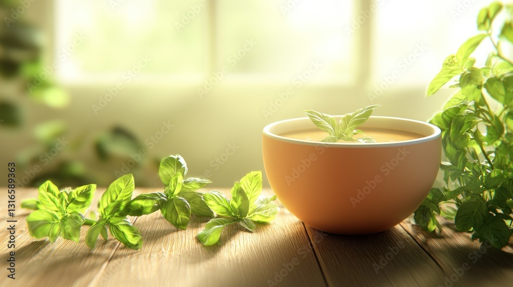 Orange bowl of soup with fresh basil on wooden table in sunlight. Orange bowl of soup with fresh basil on wooden table in sunlight.