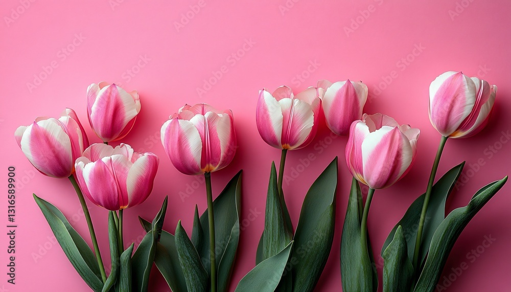 Fototapeta premium Elegant close-up of pink and white tulips on a soft pink background, perfect for spring invitations, Mother's Day, or floral decor.