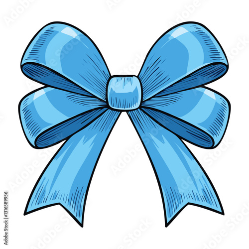 Blue bow in sketch style vector illustration. Colored line art of satin tied ribbon