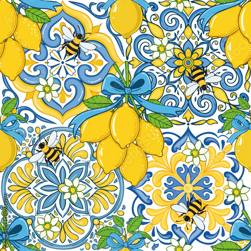 Lemons on branches and sicilian majolica vector seamless pattern. Blue yellow azulejo tiles and yellow citrus fruits endless background in traditional mediterranean style.