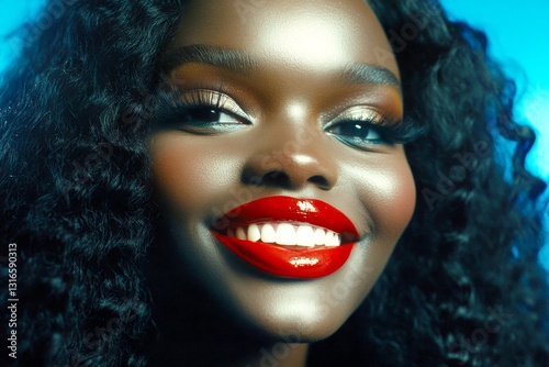 Long hairdo - curly hair. Commercial marketing creative. Pretty smiling black girl - for ads, magazine ad and social web ad use. Chic black fashion. Beautiful african advertising.