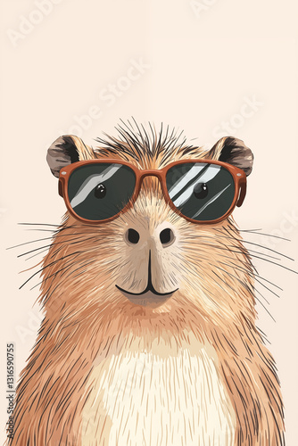 Portrait of a cute capybara wearing sunglasses. Good for nursery decorations, greeting cards. Ai generated