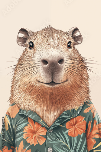 Portrait of a cute capybara wearing Hawaiian t-shirt. Good for nursery decorations, greeting cards. Ai generated