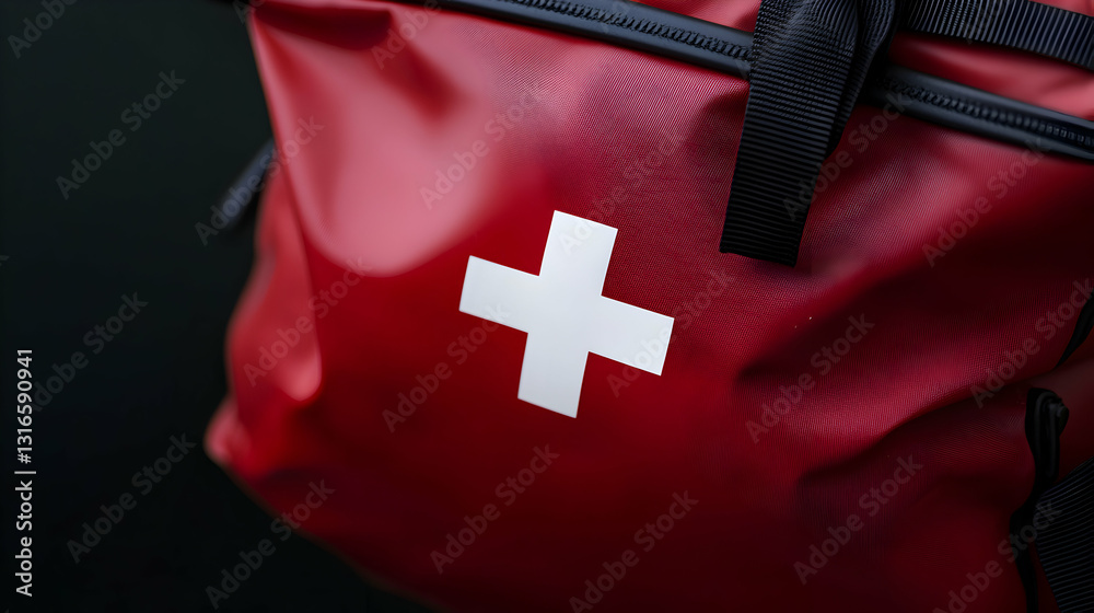 A red emergency medical bag displays a white medical cross