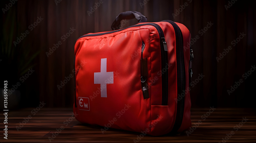 Red first aid kit bag with white cross on display