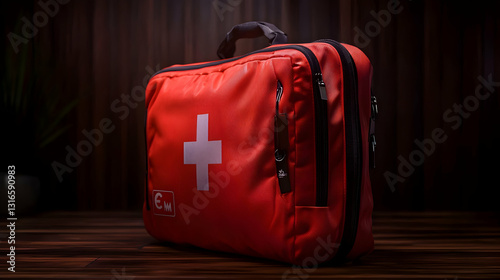 Obraz na płótnie Red first aid kit bag with white cross on display w salonie