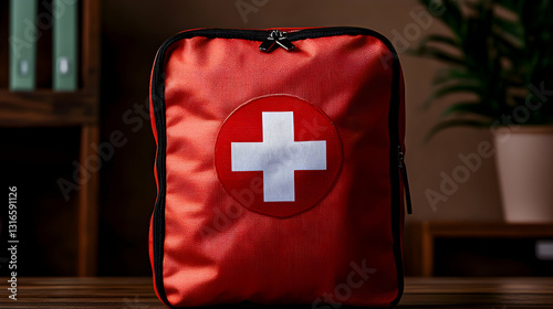Obraz na płótnie Red First Aid Kit Bag With White Cross Emblem Displayed w salonie