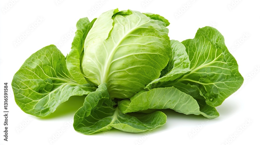 Fresh Green Cabbage Head Displaying Vibrant Leaves on White Backdrop Fresh Green Cabbage Head Displaying Vibrant Leaves on White Backdrop