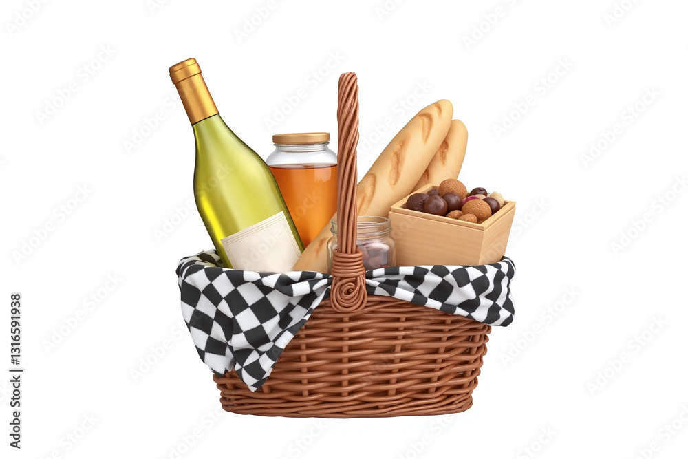 basket filled with food and a bottle of wine basket filled with food and a bottle of wine