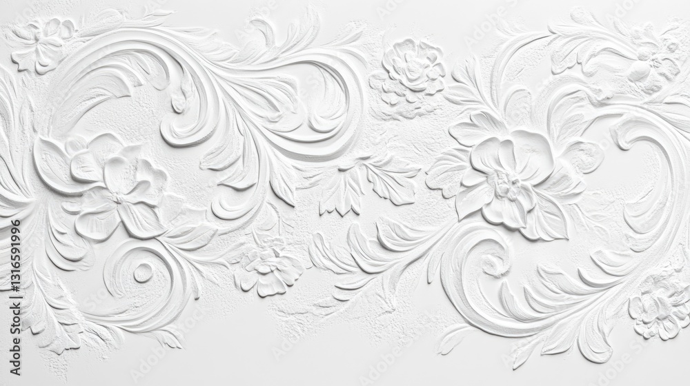 Detailed white relief pattern featuring flowers and ornate floral elements Detailed white relief pattern featuring flowers and ornate floral elements
