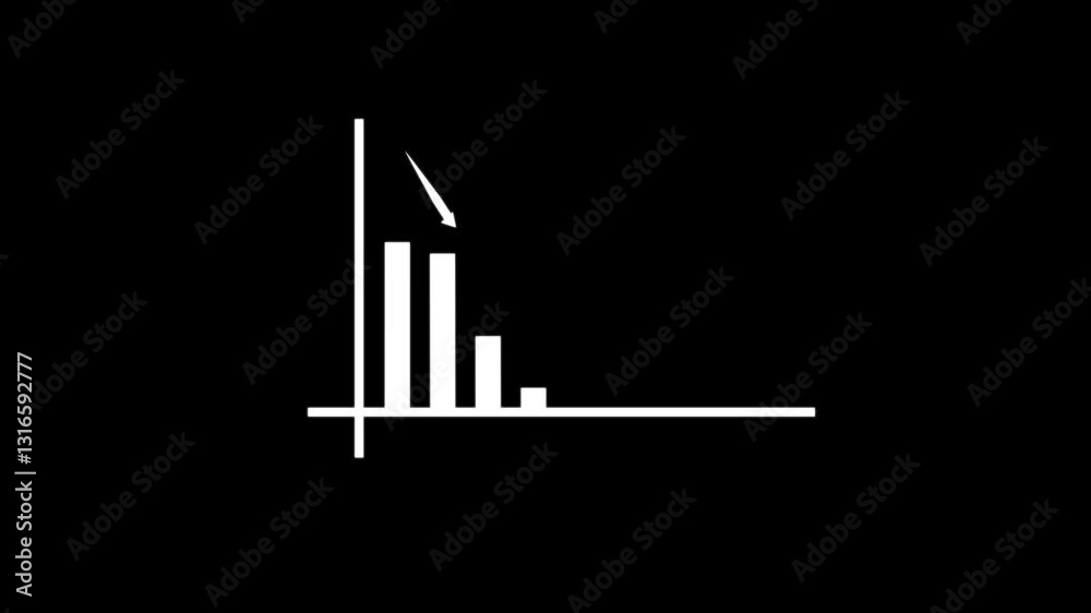 4K Animated Financial Graph with Arrow and Glitch Effects, Down business graph icon animation on black background.
