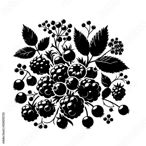 Black and white vector illustration of grape bunches with leaves and vines