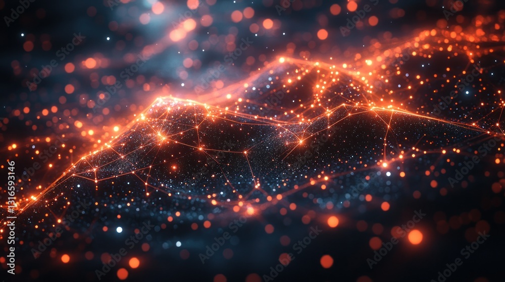 Abstract network landscape of glowing particles Abstract network landscape of glowing particles