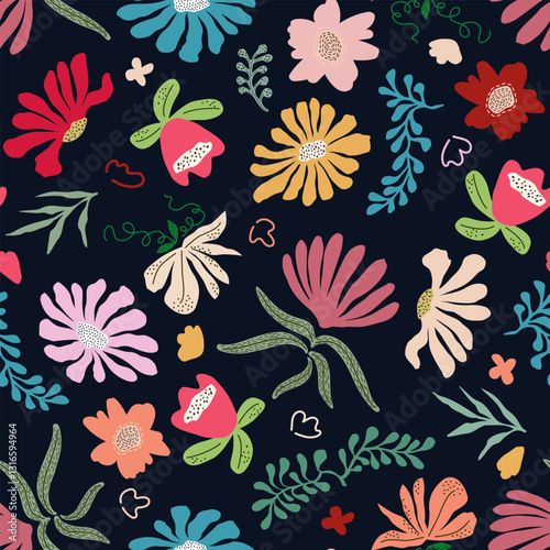 Botanical floral seamless pattern in colorful bright colors. Floral elements with leaves and flowers. Decorative flowers and leaves in primitive simple style on dark background.