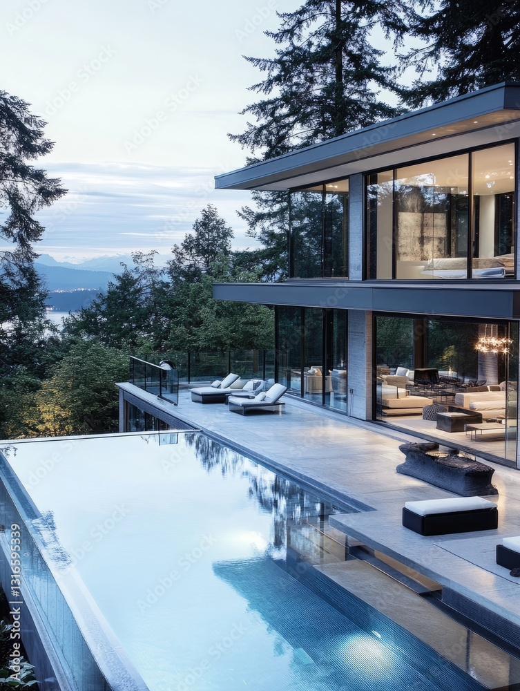 Fototapeta premium Contemporary cliffside residence with infinity pool overlooking serene landscape