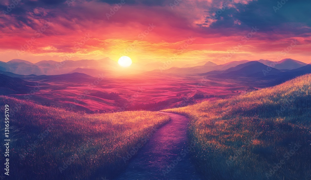 Obraz premium Serene Sunset Landscape Path Leading to Vibrant Mountains & Colorful Sky