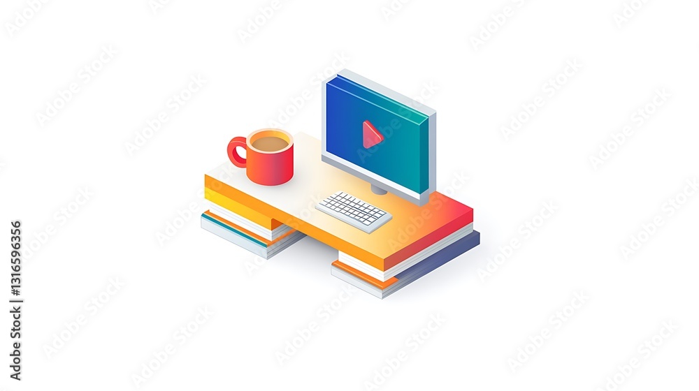 A computer, coffee cup, and stacks of books are displayed on an isometric office desk icon on a white background.
A computer, coffee cup, and stacks of books are displayed on an isometric office desk icon on a white background.