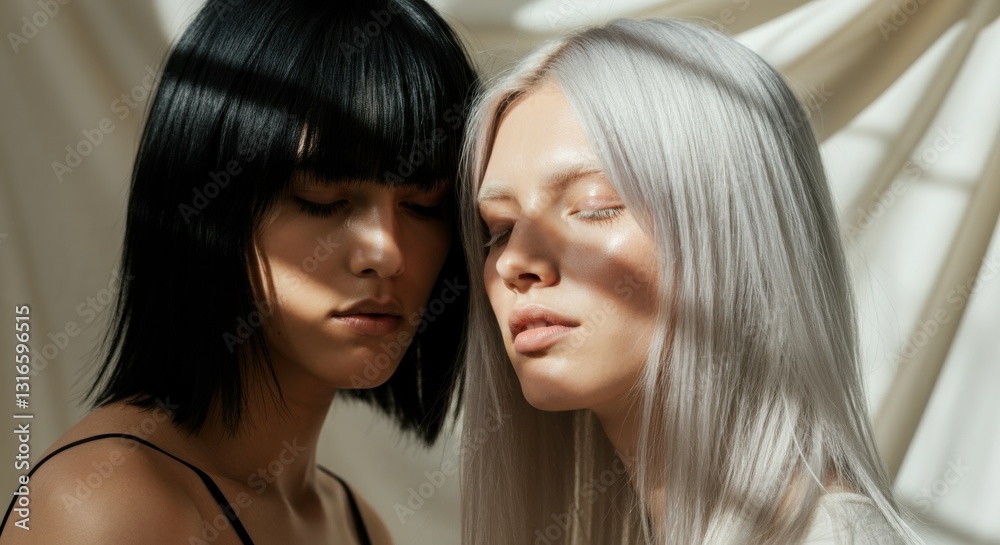 Close portrait of two young caucasian females with contrasting black and white hair Close portrait of two young caucasian females with contrasting black and white hair