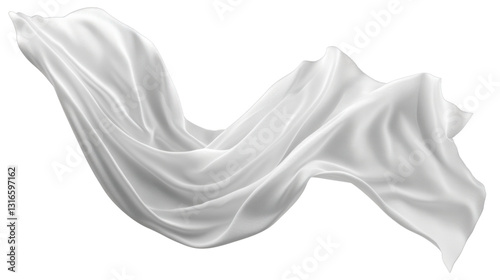 A flowing, elegant white fabric gracefully floating in the air, cut out and isolated on a transparent background, with soft folds and a delicate texture.