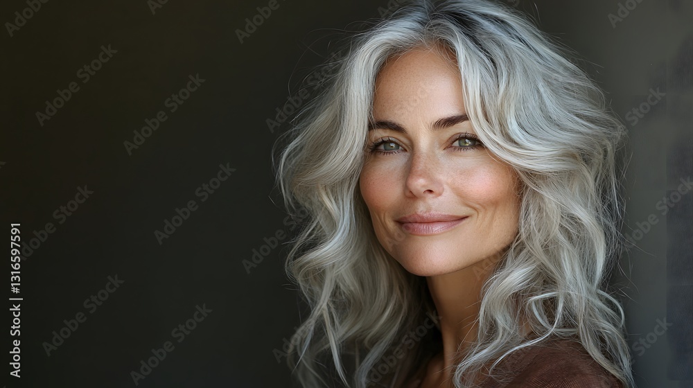 Side profile of a smiling woman with silver streaks in her hair, embracing change, natural beauty Side profile of a smiling woman with silver streaks in her hair, embracing change, natural beauty