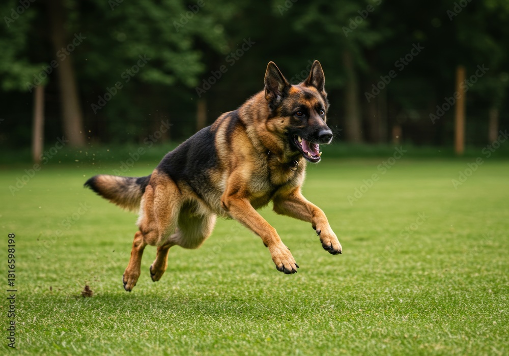 German Shepherd Dog Running and Jumping on a Green Lawn Happily German Shepherd Dog Running and Jumping on a Green Lawn Happily