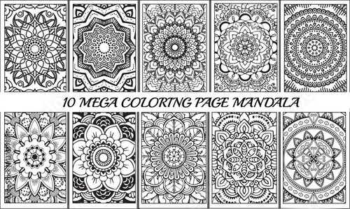 10 Mega coloring page mandala vector bundle. Vintage floral seamless pattern with ornamental design