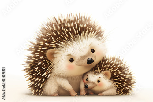 Card with hedgehog mother and cute baby. Great as greeting card for Mothers, Fathers Day, nursery design. Ai generated.