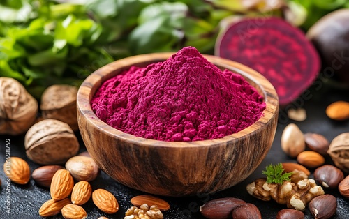 a bowl of powdered red powder and nuts