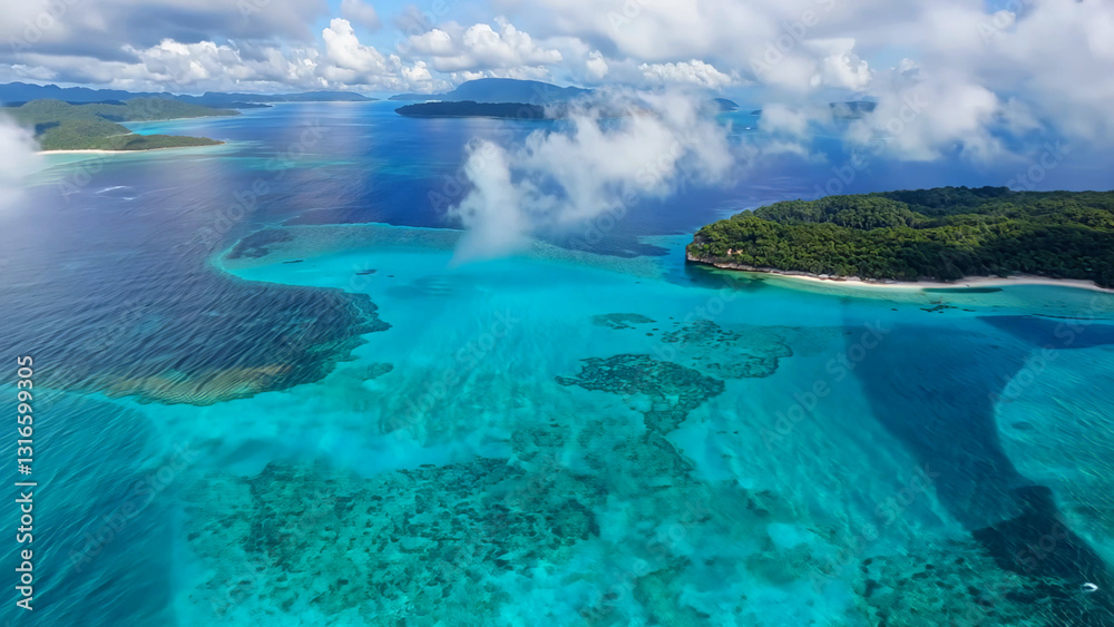 Obraz premium Breathtaking lagoon shimmers under bright sun reflecting lagoon splendor, lagoon draws nature lovers seeking turquoise tranquility, ideal for exotic travel or wellness brand visuals.