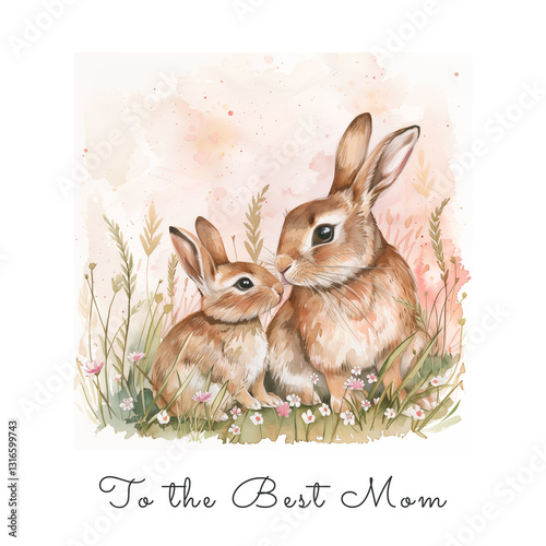 Sweet postcard of cute rabbit with bunnies. Great as greeting card for Mothers Day, nursery design. Ai generated.