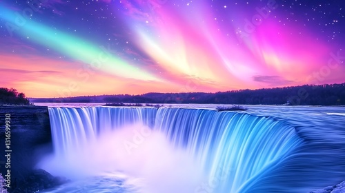 Majestic waterfall cascades under aurora borealis, ideal for travel brochures