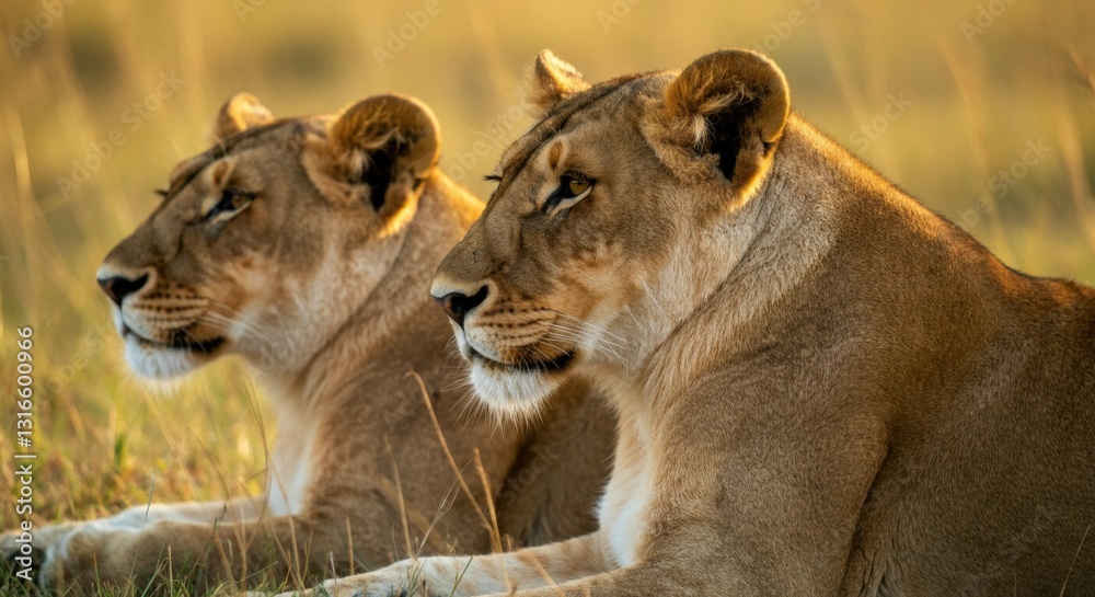 Two african lionesses resting in grassy savanna habitat Two african lionesses resting in grassy savanna habitat