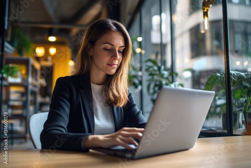 A focused business woman sitting at a desk using a laptop. Free Download A focused business woman sitting at a desk using a laptop. - GFXLoad