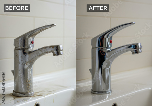 Wallpaper Mural Before and after cleaning, shiny faucet, polished surface, bathroom setting, home improvement Torontodigital.ca