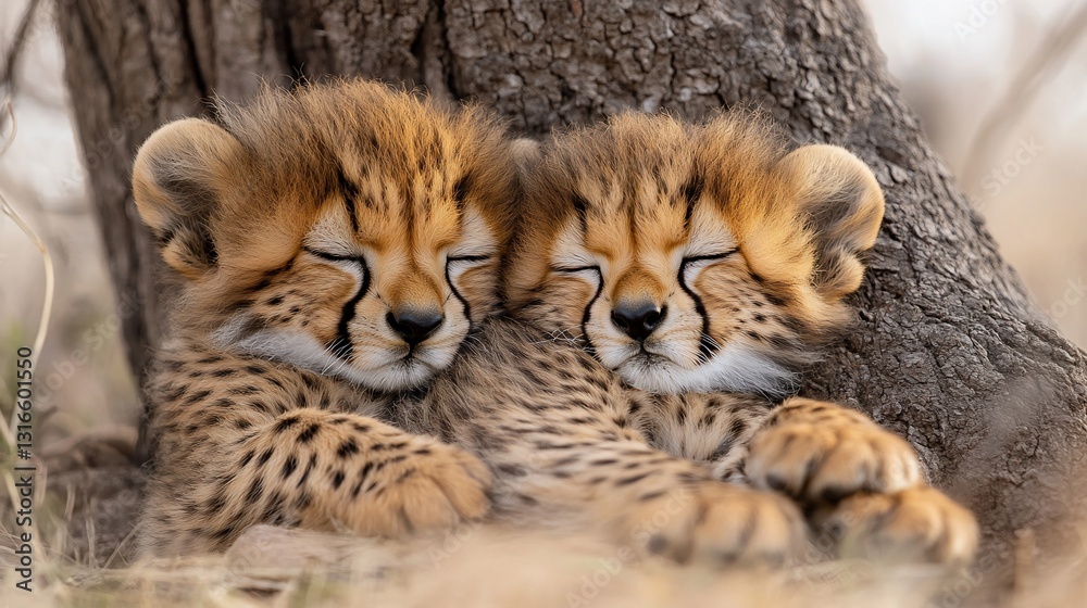 Obraz premium Two adorable cheetah cubs sleeping together nestled against a tree trunk.