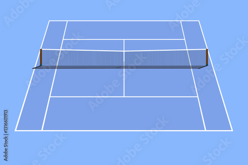 Isometric vector illustration of a blue tennis court with a net, white boundary lines, and a clean minimalistic design