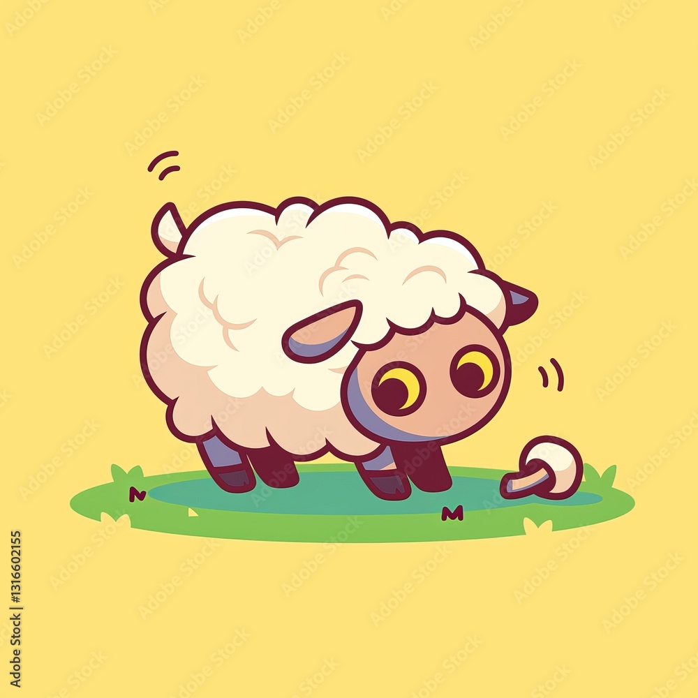 Obraz premium Cute Sheep Finds Mushroom