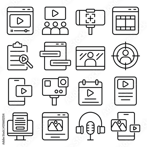 Content Creator icon set. Includes digital creator, influencer, social media, media, and More. Outline icons vector collection